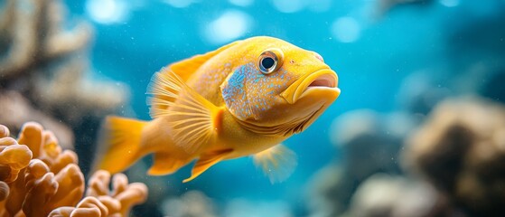 Fototapeta premium A yellow fish swimming in an aquarium next to a coral reef