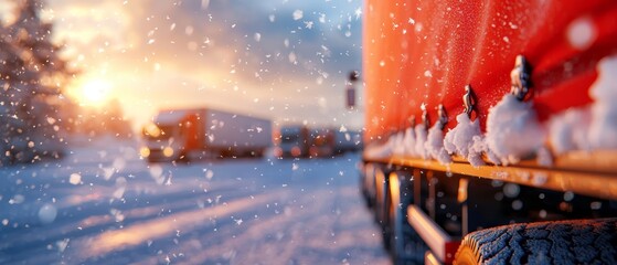 A red semi truck driving down a snowy road