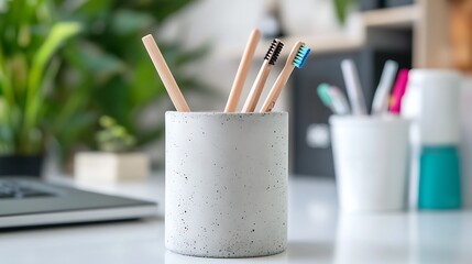 Four toothbrushes, two with blue bristles, one with black bristles and one with a brown wooden handle, stand in a cylindrical concrete holder on a white table with a laptop keyboard in the background.