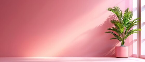 A plant in a pink pot in front of a pink wall