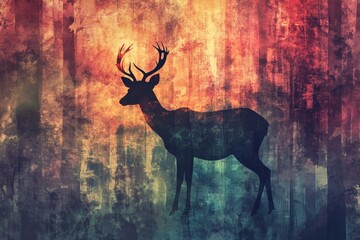 Mystical Deer in Surreal Forest. Imaginary Wildlife Artwork with Abstract Design