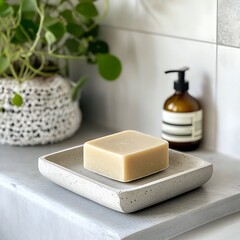 A white concrete tray holds a bar of soap and a bottle of lotion on a white countertop.