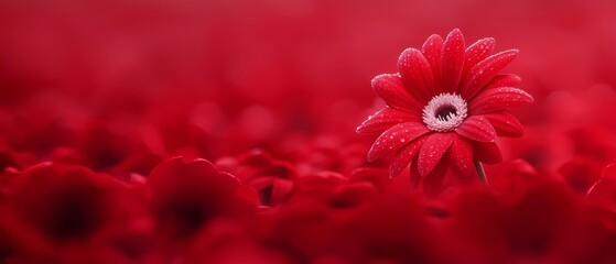 A single red flower in the middle of a field of red flowers