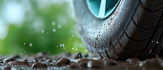 A close up of a tire with water droplets on it