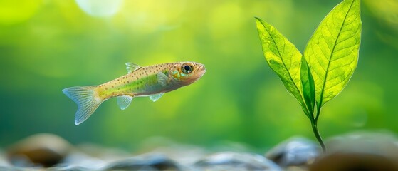 A small fish swimming next to a green leaf