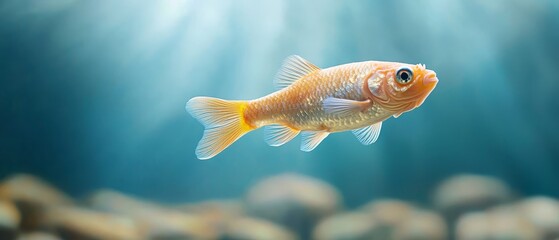 Naklejka premium A goldfish swimming in an aquarium with rocks and water