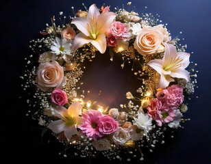 Beautiful flower wreath with gypsophila, roses, lilies and fairy lights glowing on a dark background, creating a festive atmosphere