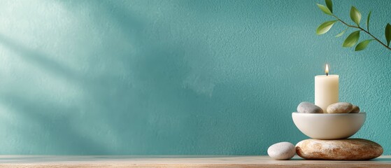 A white candle sitting on top of a wooden table