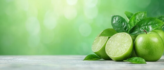 A bunch of green limes with leaves on a table