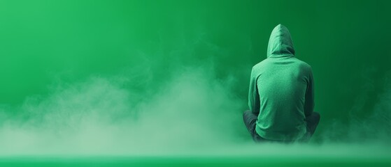 A person in a green hoodie sitting in front of a green background