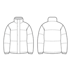 Front and back views of a short puffer jacket with high collar in black and white vector illustration, showcasing quilted sections and simple design.  © HYDNSTUDIO