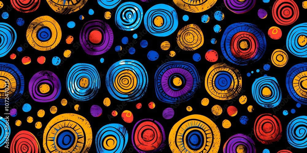 Poster vibrant abstract seamless pattern with colorful hand drawn concentric circles and dots on black back