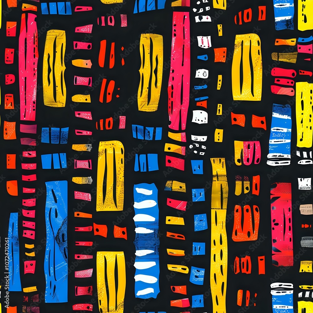 Poster vibrant abstract geometric pattern with colorful rectangular shapes and doodle elements on black bac