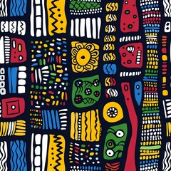Vibrant abstract geometric pattern with tribal motifs featuring colorful shapes, dots and lines in folk art style. Perfect for fabric design, wallpaper and creative backgrounds.