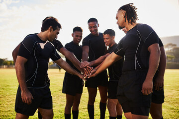 Rugby, team and hands together for huddle, competition and game field for match preparation or...