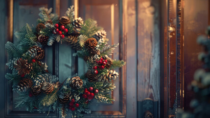 Christmas door wreath with elements such as pine cones, pine branches and red berries