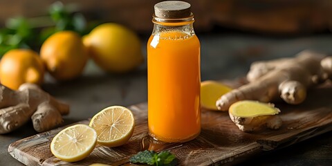 A fresh bottle of ginger and lemon juice surrounded by whole lemons and ginger roots on a wooden table, bathed in warm natural light. Perfect for health and wellness themes.