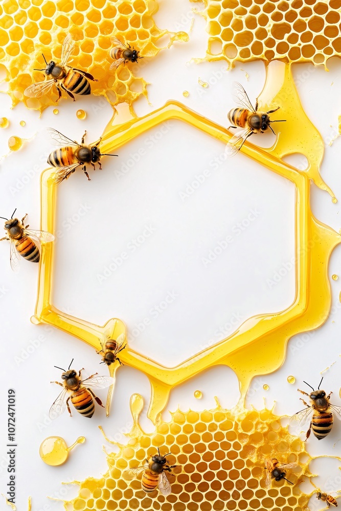 Poster A hexagonal honeycomb frame with bees and honey dripping at the corners