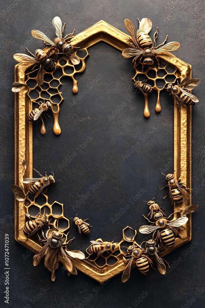 Poster a hexagonal honeycomb frame with bees and honey dripping at the corners