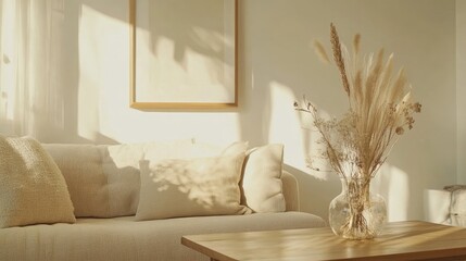 An artistic arrangement of a chic living room featuring a wooden coffee table, a glass vase filled with dried flowers, a beige sofa and pillow, and personal accessories. poster frame mockup. interior 