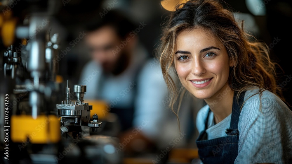 Poster team of workers assembling complex machinery in a factory, illustrating teamwork and precision in in