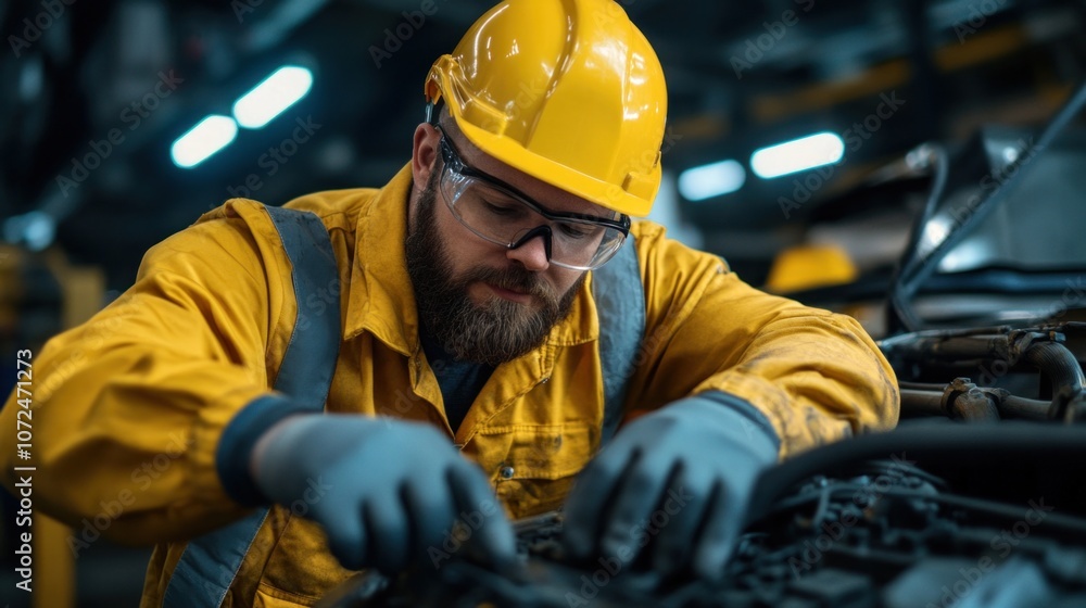 Poster technician configuring a smart factory system using internet of things (iot) technology, symbolizing