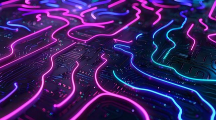 Glowing neon circuit lines in pink and blue colors creating abstract technology pattern on dark background, perfect for digital transformation and innovation concepts.