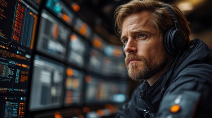 Software developer coding on multiple screens, utilizing cloud infrastructure for scalability and efficient workflow