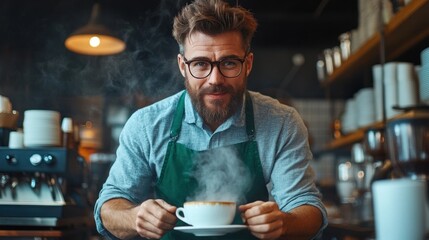A skilled barista smiles warmly while presenting a steaming cup of coffee, surrounded by a vibrant cafe atmosphere filled with aromatic blends and friendly chatter