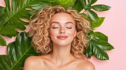 Fototapeta premium A young woman with curly, blonde hair peacefully enjoys a moment of calm while resting against vibrant green leaves. The soft pink background adds to the tranquil atmosphere of the setting