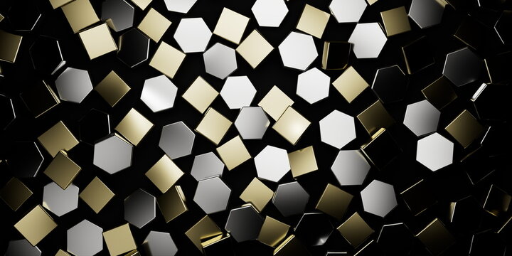 silver and gold metallic squares with hexagons floting against dark back, creating a captivating design. Perfect for modern decor, adding elegance, sophistication, and style to any space.