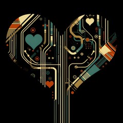 A striking heart-shaped design with intricate circuit board patterns set against a black background. Represents the blend of technology and emotion, perfect for modern and tech-inspired concepts.