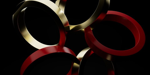 abstract background of red and golden metal rings. 3d illustration