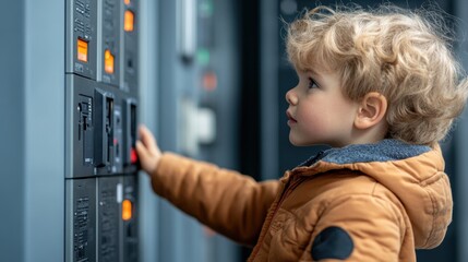 Child playing near an open electrical panel, highlighting the potential dangers of unsafe environments and the need for child safety