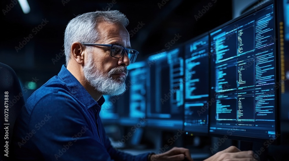 Poster a skilled programmer, with gray hair and glasses, focuses intently on analyzing complex code display
