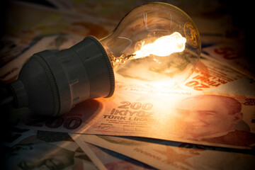 Increase in Electricity Prices. Macro detail shot of burning light bulb on representative Turkish lira.