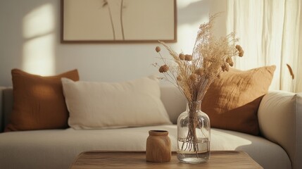 An artistic arrangement of a chic living room featuring a wooden coffee table, a glass vase filled with dried flowers, a beige sofa and pillow, and personal accessories. poster frame mockup. interior 