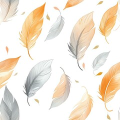 A seamless pattern of delicate feathers in soft orange and gray hues on a white background. Perfect for textiles, wallpapers, and elegant design projects