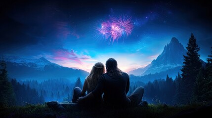 Fototapeta premium A couple sits closely together, enjoying a fireworks display illuminating the night sky above mountains. The serene forest enhances the romantic atmosphere during twilight