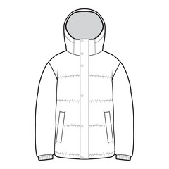 Front view of a hooded puffer jacket in black and white vector illustration, featuring button closure and pockets.  © HYDNSTUDIO