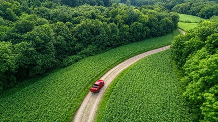 A red vehicle travels along a curved dirt road surrounded by lush green fields and thick forests, showcasing the beauty of rural nature on a clear day