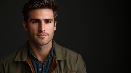 Obraz premium Stylish Young Man in Casual Outfit Against Dark Background