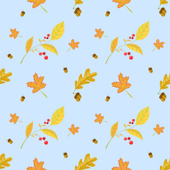 A charming autumn-themed seamless pattern featuring leaves, acorns, and branches. Perfect for fall decorations, textiles, greeting cards, and seasonal crafts!