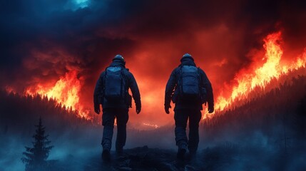 Two firefighters advance through a smoky terrain, confronting the fierce flames engulfing the forest behind them. The dramatic twilight highlights the intense firefighting efforts