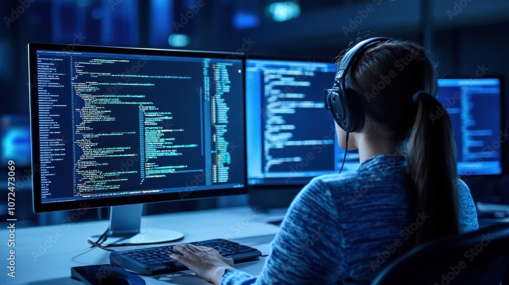 Poster in a dimly lit office, a programmer is deeply engaged in coding on several computer monitors, wearin