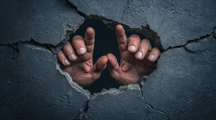 Two hands reach through a large crack in a concrete wall, symbolizing a desire for freedom and resilience. The dim lighting highlights the texture of the surface
