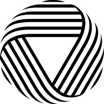 A circular logo design featuring three curved sections with parallel black stripes that interweave to form a triangular shape in the center, creating an illusion of dimension and movement.