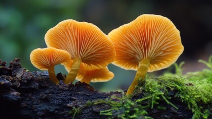 Cluster of Orange Mushrooms on Mossy Log