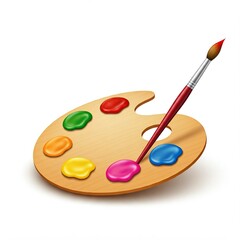3D Paint Palette with Colorful Paint Dabs and Paintbrush Resting on the Side, Symbolizing Creativity or Art, Featuring Glossy Wooden Finish and Detailed Brush with Bright Bristle Tip