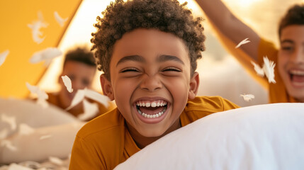 Children having a playful pillow fight in a cozy blanket fort, with feathers flying and laughter filling the air